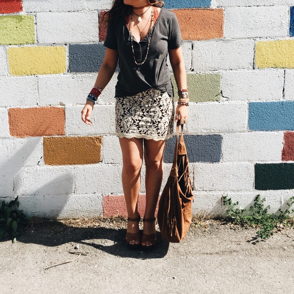 Boho, Sheek, Cream & Brown Lace, Mini Skirt, F21
